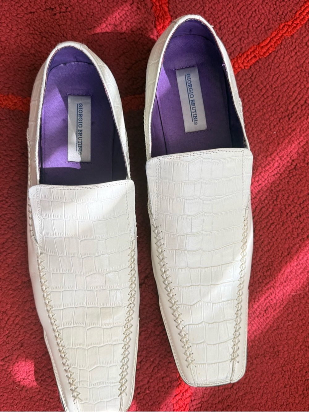 Giorgio Brutini White Croc-Embossed Slip-On Loafers with Purple Lining